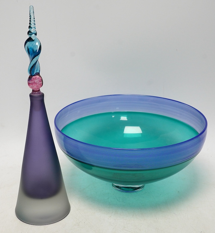 Bob Crooks (b.1956), a studio glass bowl and scent bottle, 27cm. Condition - good, scratches to bases, as expected